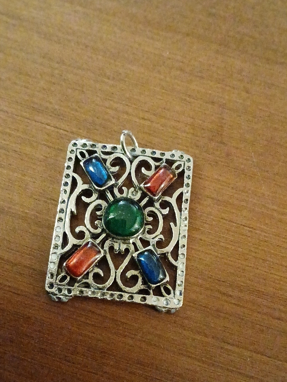 Vintage Silver Tone Filigree Pendant with Green, Blue & Red Stones